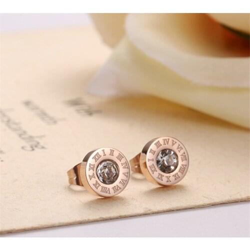 Fashion Luxury Round Big Zirconia Stainless Steel Stud Earrings For Woman Girl Roman Number Anti-allergy Earring Jewelry