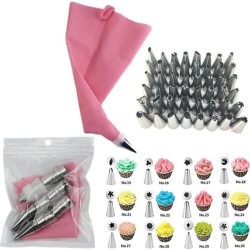 50pcs Pink Silicone Pastry Bags Tips 48 Icing Piping Nozzles + Cream Reusable Pastry Bags Cake Decorating Tools Pastry Nozzles
