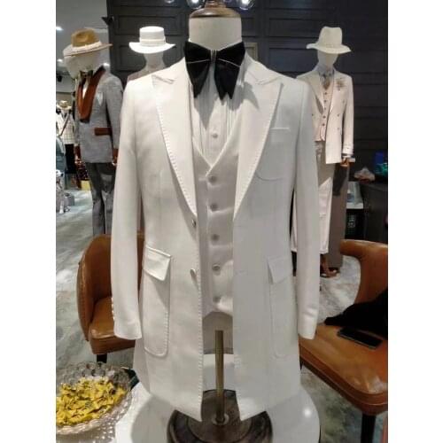 2021 Latest design fashion wedding suits for men slim fit pointed lapel bridegroom Long suit man Unique Blazer Jacket+pant+vest