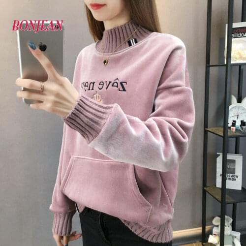 Autumn Winter High Collar Plus Size Women Velvet Warm Sweater Korean Version Of The Loose Long-sleeved Tops Womens Hoodies