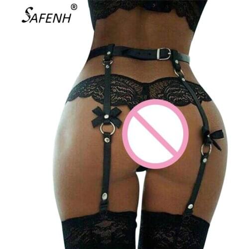 Sexy Women Men leather Waist Garter belt for Stockings Bow Handmade Punk Costume Outfit O-Round Waist Belt with 4 suspenders
