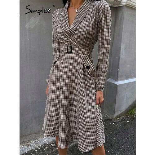 Simplee Elegant plaid office ladies dress A-line belt autumn winter work dress Fashion High street Vintage V-neck female dress