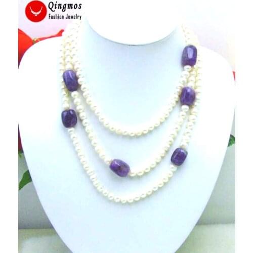 Qingmos Natural Freshwater White Pearl Necklace for Women with 6mm Round Pearl 60" Long Necklace Baroque Purple Amethysts Stone