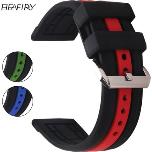 BEAFIRY Soft Silicone Watch Band Strap 20 22 24mm Waterproof Watchband black blue black red black green