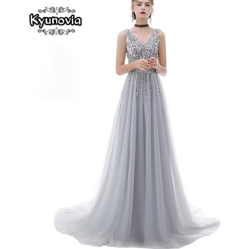 Sexy Blackless V-neck A-line Sparkly Evening Dresses Luxury Crystal Robe De Soiree Formal Dress Women Elegant Evening Gowns E29