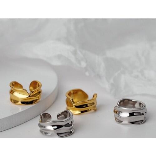 ONLY 1PC Authentic 925 Sterling silver White/ Gold irregular Concave Rows Clip on Cuff Earrings (No pierced) ear-Bone C-E5055