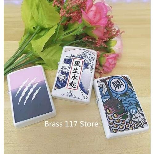 Japanese style illustration lucky carp white Kerosene gasoline petroleum oil Cigarette lighter New Windproof Metal cheap igniter