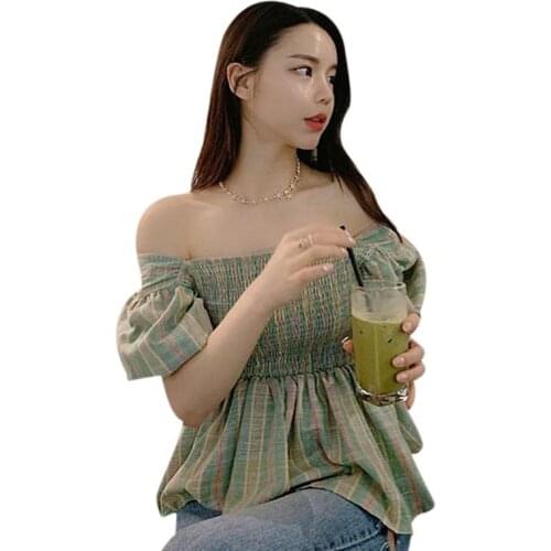 Women Elegant Plaid Blouses Summer Short Sleeve French Style Ruffled Ladies Shirt Tops