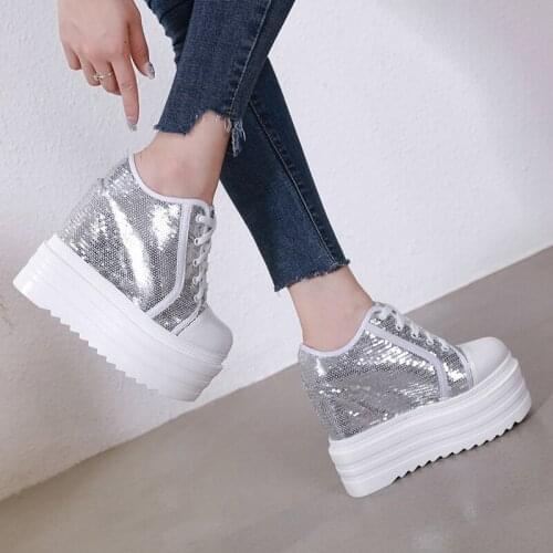 2021 New Autumn White Hidden Wedge Heels Casual Shoes Woman Bling Platform Shoes Elevator 14CM High-heels Walking Sneakers Women