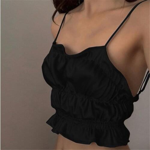 New Women Sexy Camisole Satin Crop Tops 2021 Summer Basic Off Shoulder Camis Black Blue Backless Vest Tops Streetwear wholesale