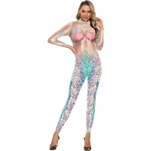 Halloween Mermaid Cosplay Costume for Women Carnival Party Shiny Sexy Shell Scale3D Printed Fancy Jumpsuit Long Sleeve Zentai