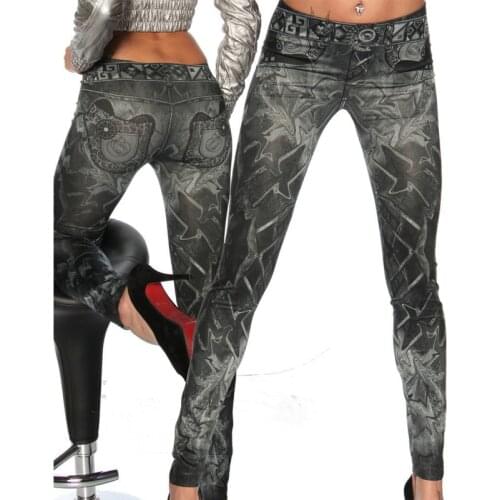 Women Sexy Skinny Leggings Slim Print Faux Denim Jeans Leggings Fashion Print Seamless Stretchy Pencil Pants
