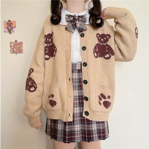 Sweet Cute Soft Bear Cartoon Cardigan Japanese Kawaii Anime Loose Knit Women Sweater Long Sleeve Jacket Winter Autumn Outerwear
