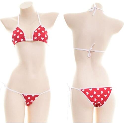 Japanese Sexy Lingerie Lolita Kawaii Small love Heart Print Mini Bikini Adult Cosplay Erotic Costumes Bra Women Underwear Set