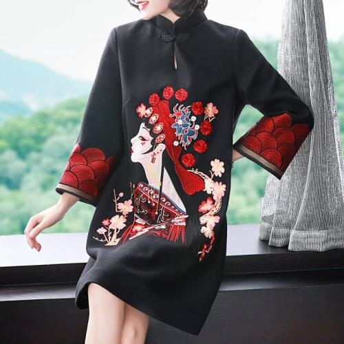 Winter Wool Dress Chinese Style Embroidery Girl Chinese Red Festive New Year Clothes Dress Women S-3XL