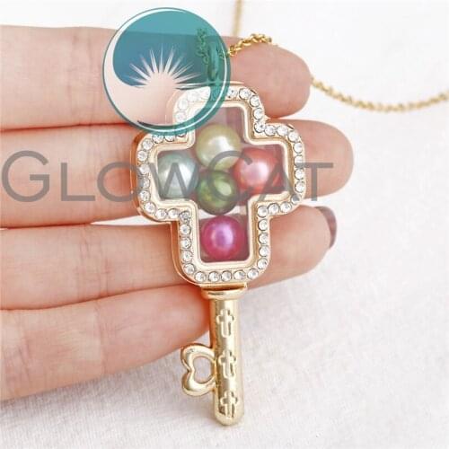 Gold Color Cross Key Glass Locket Pearl Necklace Rhinestone Pendant Beads Pearl Locket Steel Chain Necklace