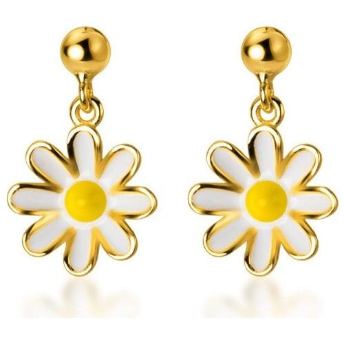 100% Authentic Real 100% 925 Sterling Silver fine Jewelry White/Yellow Enamel Daisy Flower &Lucky Ball Stud Earrings C-G6118