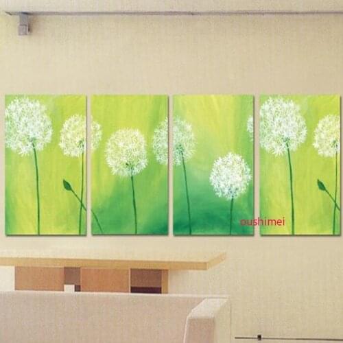 Handmade 4 Panel Dandelion Wall Painting Modern Green Landscape Home Decor Picture Painted On Canvas Group Of Picture Art