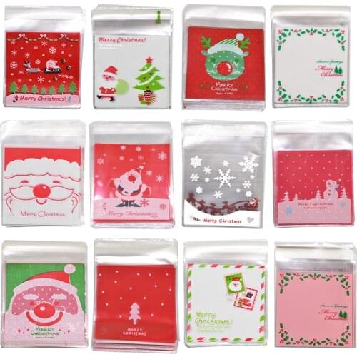 50pcs 10*10cm Christmas Cartoon Candy Bags Self-adhesive Plastic Cookie Bag Xmas New Year Snack Package Gift Bags Kids Favors