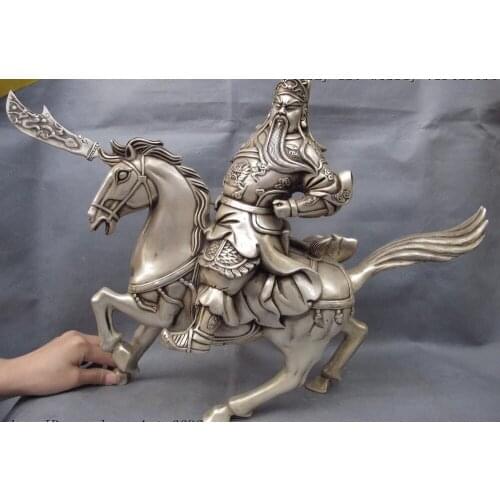 Free shipping 40cm China Folk White Copper Silver Ride Horse Dragon GuanGong Guan Yu Warrior Statue off 50