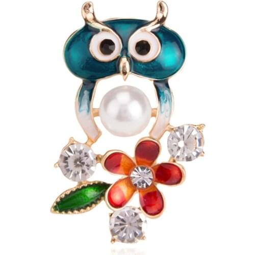 Blue Owl Pearl Belt Rhinestone Flower Brooch Pin Animal Brooch Fashion Female Dress Collar Scarf Clothes Jewelry Pin