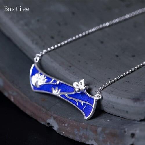Bastiee Blue 925 Sterling Silver Necklace Pendant Jewelry For Women Lotus Flower Chinese Traditional Link Chain