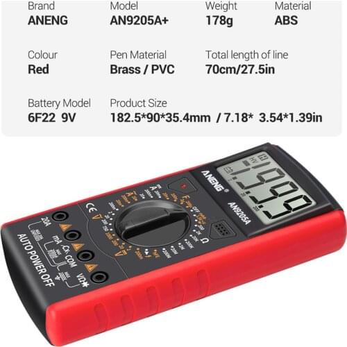 ANENG AN9205A+ Digital Multimeter 3 1/2 LCD Display 1999 Count Manual Range Universal Meter AC Resistance Capacitance Transistor