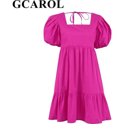 GCAROL Women Square Neck Backless Lace Up Dress High Waisted Ruffles Puff Sleeve A-Line Pleated Summer Spring Autumn Party Dress