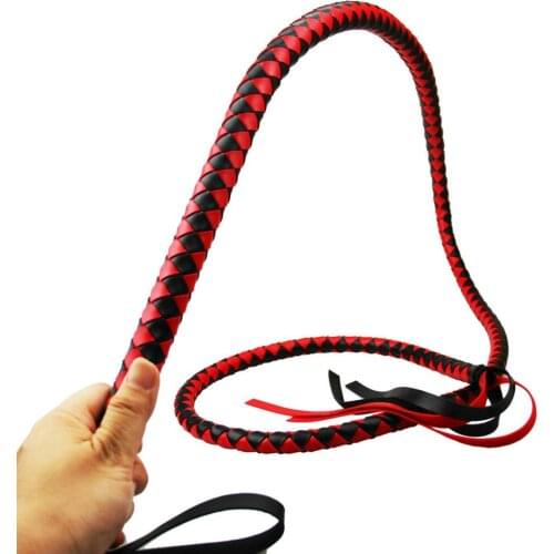 Candiway Premium Handmade Faux Leather Horse Harness Handle Spanking Weave Whip Solid Rod With Soft And Thick Tails For Cosplay