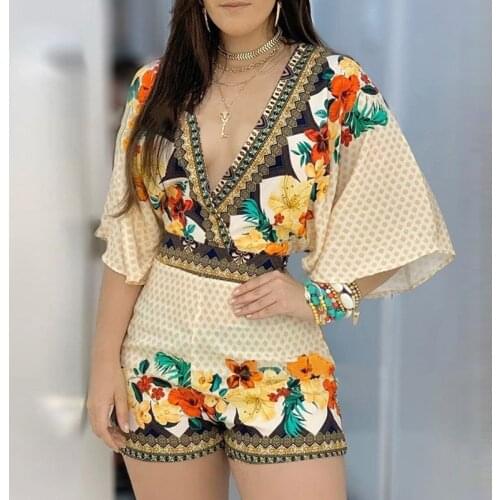 Imcute Womens Jumpsuit Casual Summer Floral Printed Playsuit 2020 Women Rompers 3/4 Sleeve Backless Playsuit Women Clothes