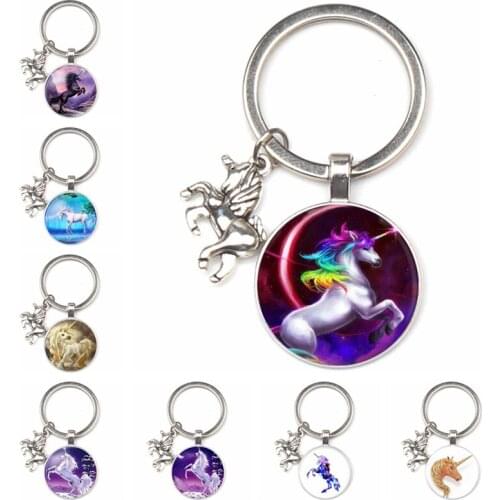 Fashion Cute Horse Pendant Key Ring Round Glass Crystal Unicorn Art Painting Key Ring Jewelry Car Pendant To Send Friends Gifts