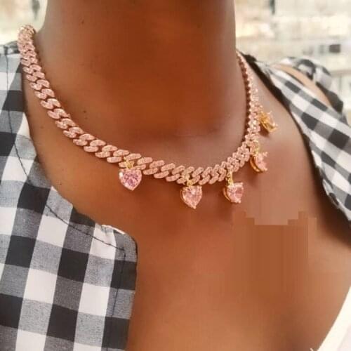 Fashion new arrived girlfriend lover gift jewelry pink Heart CZ charm cuban chain choker necklace pink jewelry