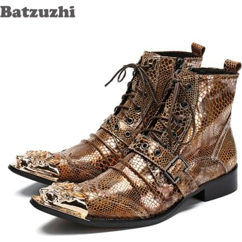 New Punk Style Leather Men Ankle Boots Iron Pointed Toe Lace Up Mens Military Cowboy Boots High Top Strap Cool Men Shoes