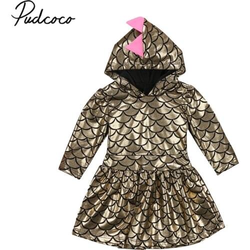 2017 Brand New Infant Toddler Child Baby Kid Girls Sequin Princess Fancy Dress Party Hooded Long Sleeve Costume Dinosaur Dress