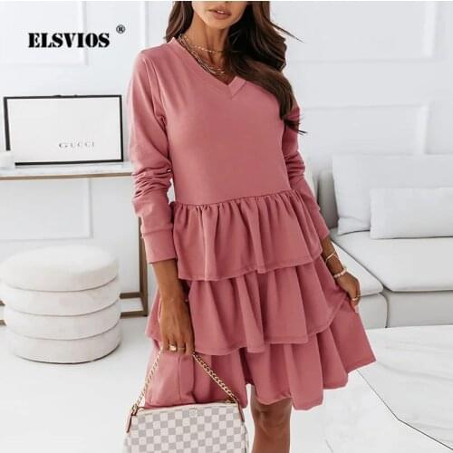 2021 Autumn New Fashion V Neck Long Sleeve Slim Dress Casual Elegant Solid Irregular Ruffle Dress Ladies Summer Dresses Vestidos