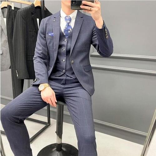 Jacket+Vest+Pants ) 2021 Brand clothing Three-piece Male Formal Business Plaids Suit Groom Wedding Dress Plaid Mens Suit 4XL