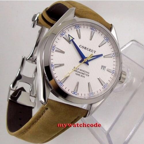 Polished 41mm Corgeut White Dial Seagull 1612 NH35 MIYOTA 8215 NSapphire Glass Miyota 8215 Automatic Mens Watch Leather Strap
