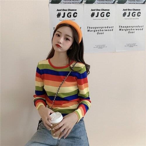 Casual Rainbow Striped T-shirt Womens T-shirts Tops Japanese Kawaii Ladies Ulzzang Female Korean Harajuku Clothes For Women