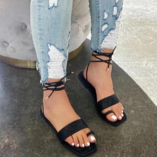 Woman Rope Sandals Lace Up Around Ankle Strap Flats Laces Square Toe Ladies Shoes Zapatillas Casa Mujer Large Size Women Sandals