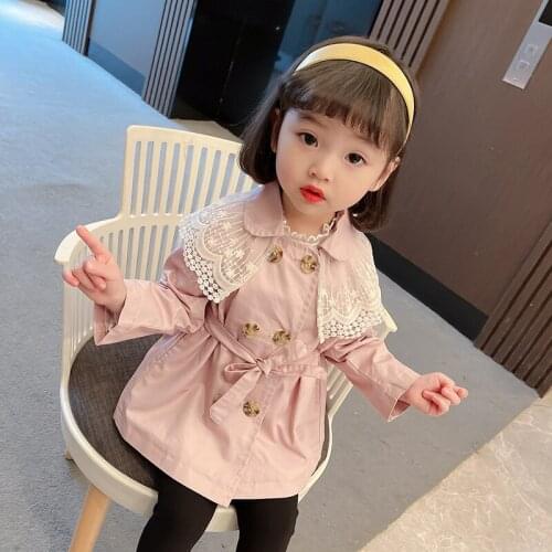 Girls Lace Collar Windbreaker Spring 2021 New Korean Girls Jacket Mid-length Coat Childrens Wear coat kids coat