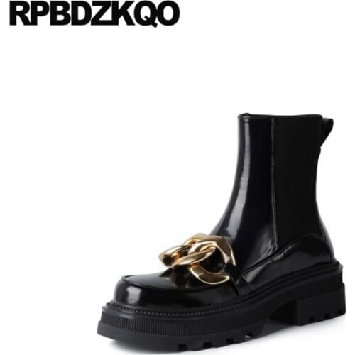 Shoes Chunky Platform Black Punk Rock Boots Chelsea Short Celebrity Metal Patent Leather High Heel Block Chain 2021 Women Brand