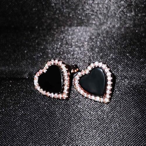 QTT Brand New Earrings Heart Black Cubic Zirconia Fashion Stud Earrings Cute Delicate Jewelry For Girl Women Anniversary Gift