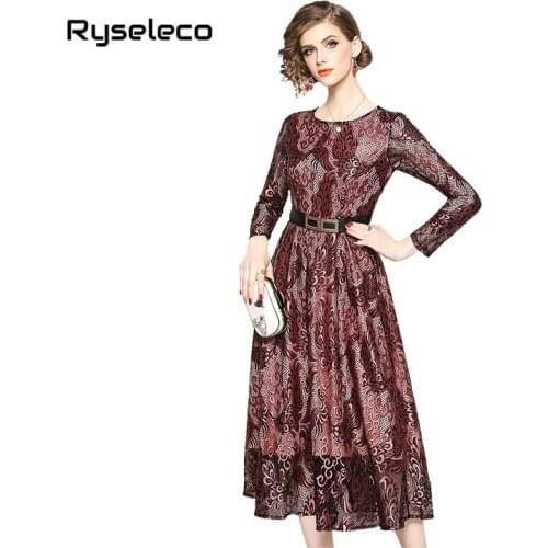 2018 Autumn Crochet Floral Full Lace Dress Work Casual Slim Fashion O-neck Sexy Cutout Women Vintage Party Long Flare Maxi Dress