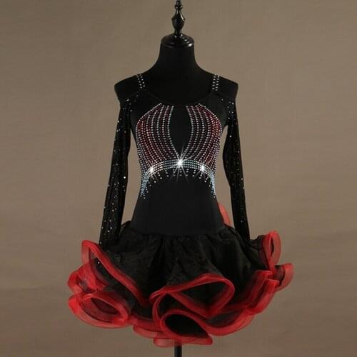Latin Dance Competition Dress For Women Long Sleeve Rhinestone Senior Skirt Ladies Rumba Tango Samba Dance Rave Outfit DQL3013