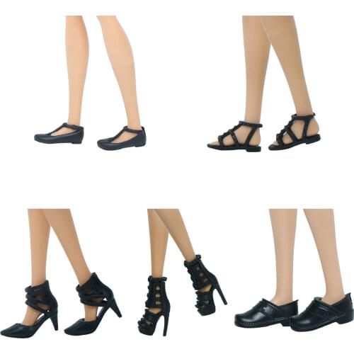 5 Pairs High Quality Black Shoes Mix Style Summer Wear High Heels Flat Sandals Accessories Shoes for Barbie Doll DIY House Toy