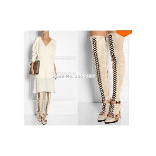 ALMUDENA Sale Beige Black Suede High Boots Pointed Toe Buckle Strap Over-the-knee Long Boots Cross Strap Lace-up Thigh Boots