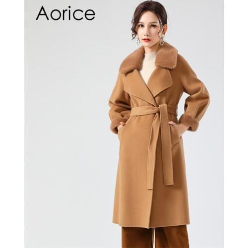 Aorice Women Winter Mink Fur Parka Wool Blends Coat Jacket 2020 New Real Mink Fur Collar Long Trench Coats Jackets Z20119