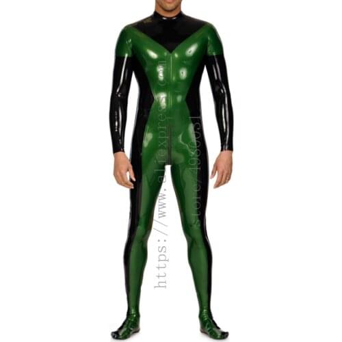 Army green patchwork black mens Fetish latex bondage suit what is made of 0.4mm thickness natural & flexible latex materials