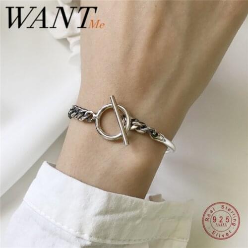 WANTME Genuine 925 Sterling Silver Punk Bangle Buckle Cuban Link Chain OT Bracelet for Fashion Women Unisex Wrist Jewelry Gift