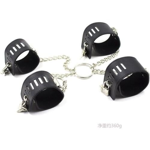 Adult PU Leather Hogtie Wrist Ankle Bondage Cuffs with Metal Chain Connections Heavy Duty Fetish Wear